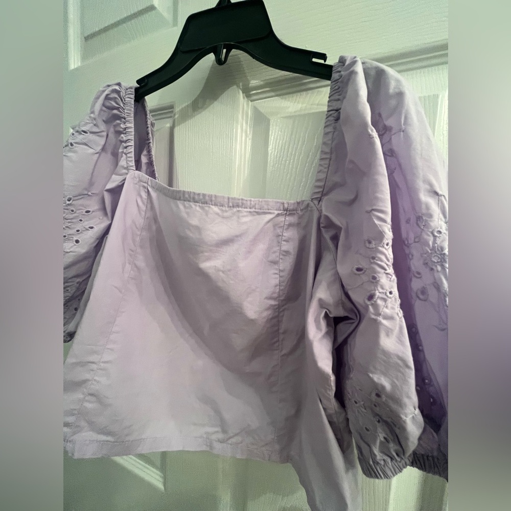 H&M Puff-sleeved Eyelet Embroidered Crop Lilac Cotton Poplin Top - Picture 6 of 10
